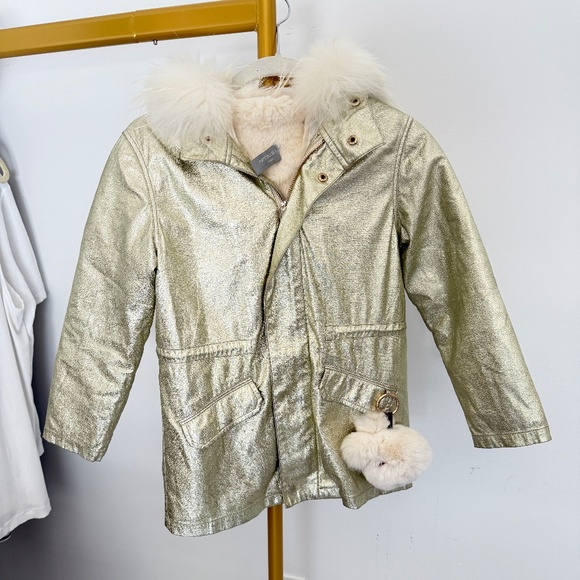 Yves Solomon Girls Gold Metallic Winter Coat Jacket Removable Lining & Hood - Picture 1 of 11